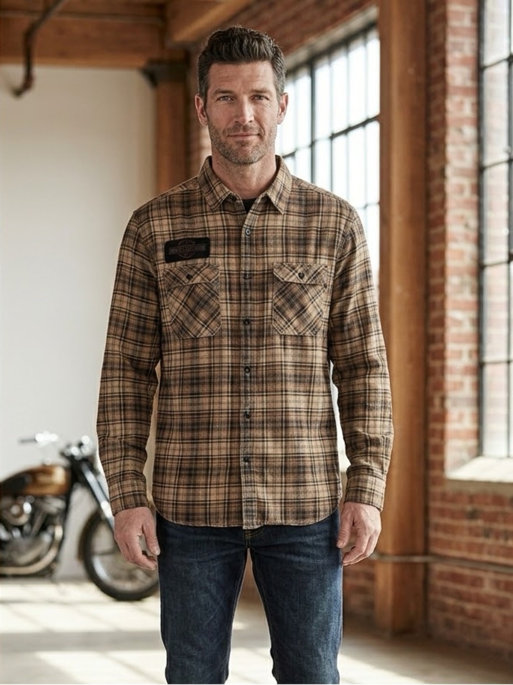 Harley-Davidson Brown Plaid Flannel Shirt XL Long Sleeve Button Up Biker Western